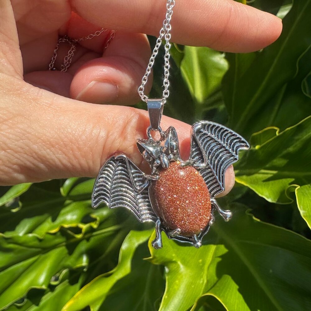 NEW Halloween Goldstone Bat Pendant Necklace